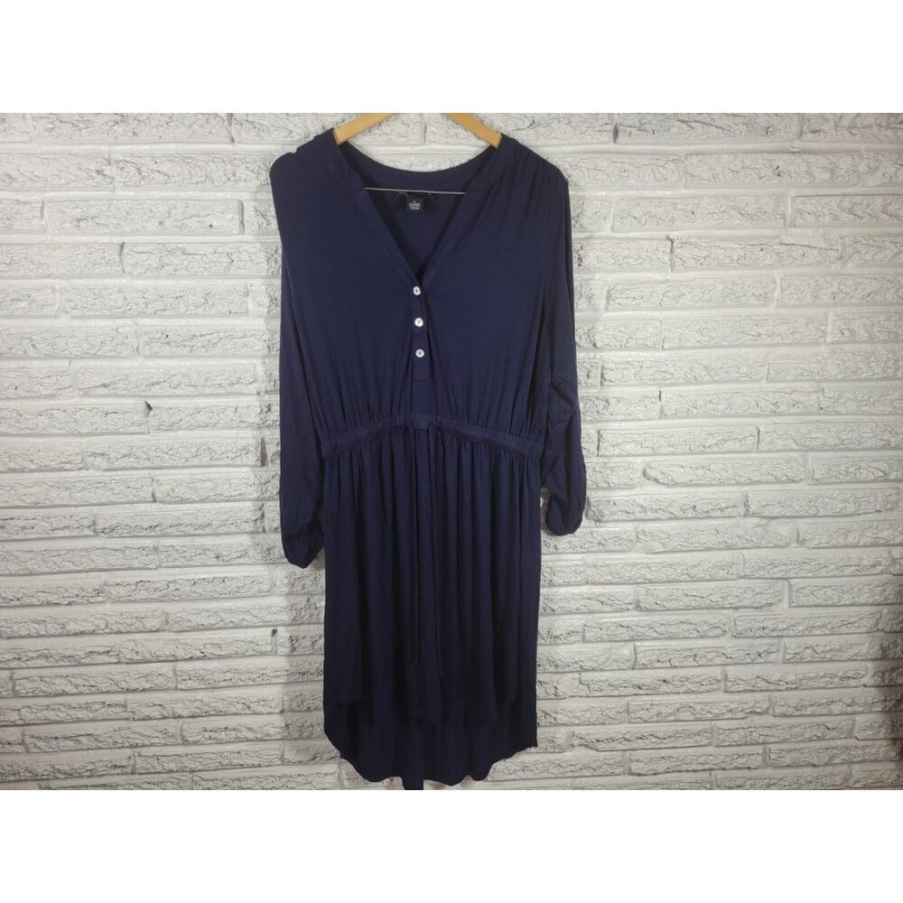 Joan Vass 1X Sheath Dress Blue Asymmetric V-Neck Roll Tab Sleeve Stretch BLU71E